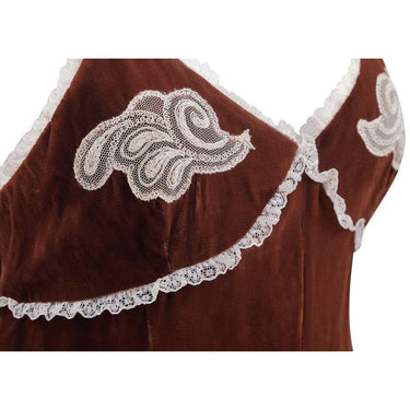 ARCHIVE - 1970s Biba Chestnut Brown Velvet Maxi Dress With Lace Embellishments