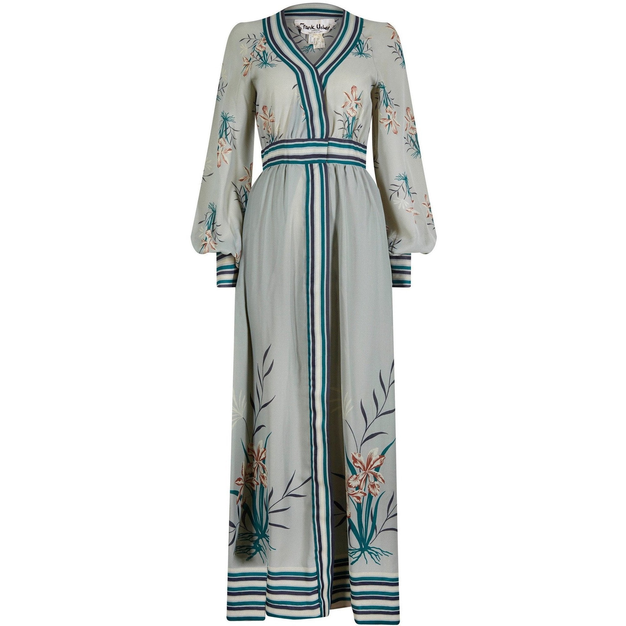 ARCHIVE - 1970s Frank Usher Seafoam Wrap Over Green Printed Chiffon Maxi Dress