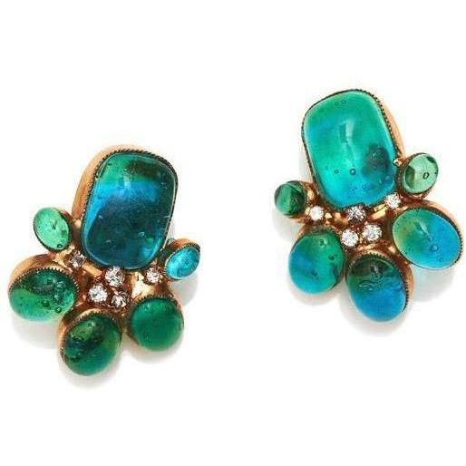 ARCHIVE - 1970s Haute Couture Chanel Green Gripoix Glass + Rhinestone Necklace Earrings Set