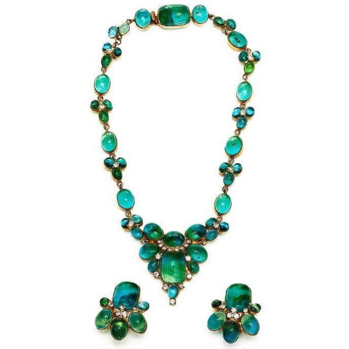 ARCHIVE - 1970s Haute Couture Chanel Green Gripoix Glass + Rhinestone Necklace Earrings Set