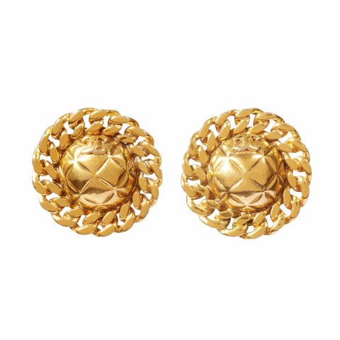 ARCHIVE - 1980s Chanel Quilted Gold Tone Earrings With CC Signature