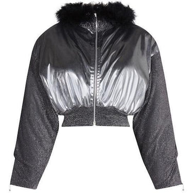 ARCHIVE - 1980s Silver Hooded Bomber Style Jacket With Black Feather Trim