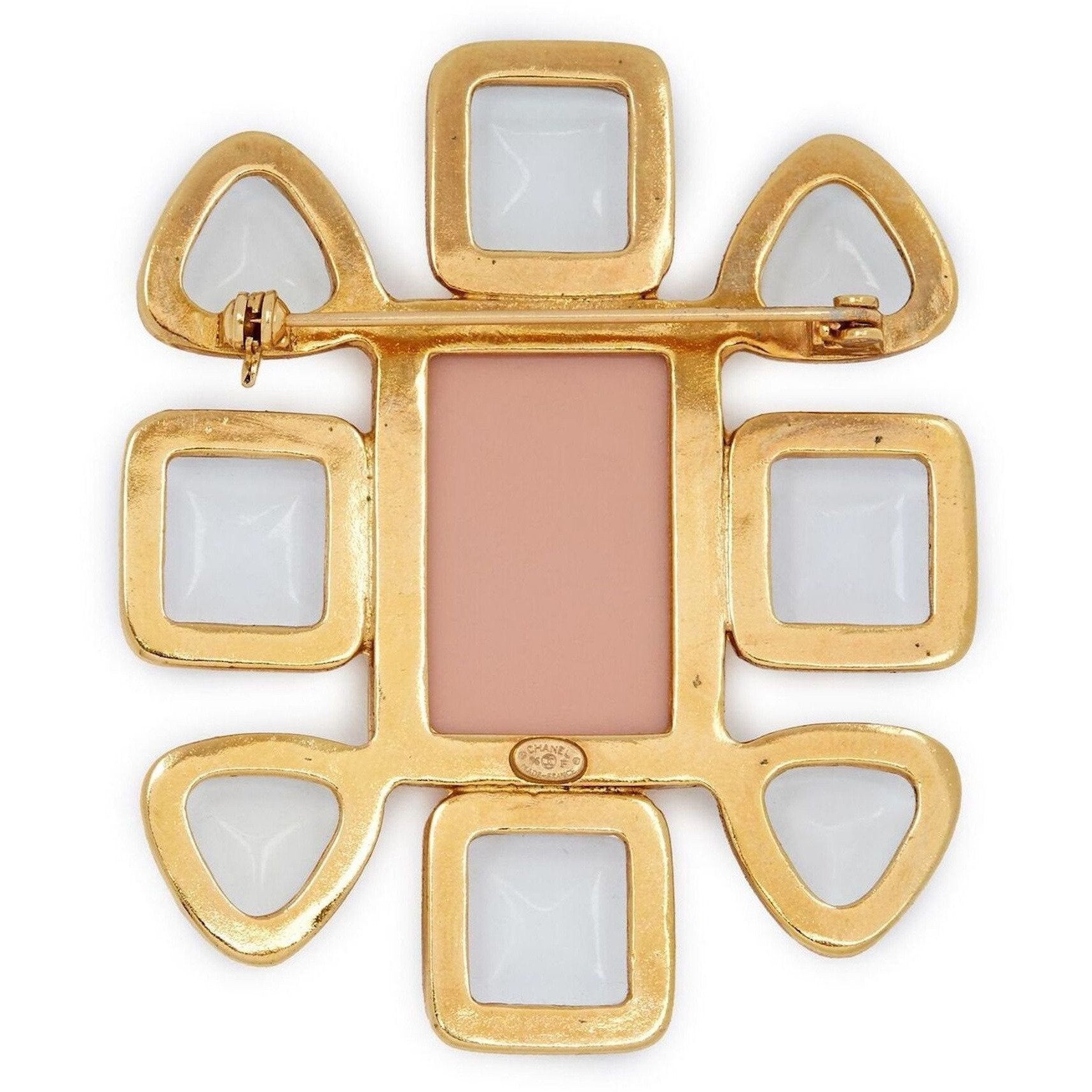 ARCHIVE - Chanel 1990s Gold Plated Gripoix Glass and Rose Enamel CC Brooch