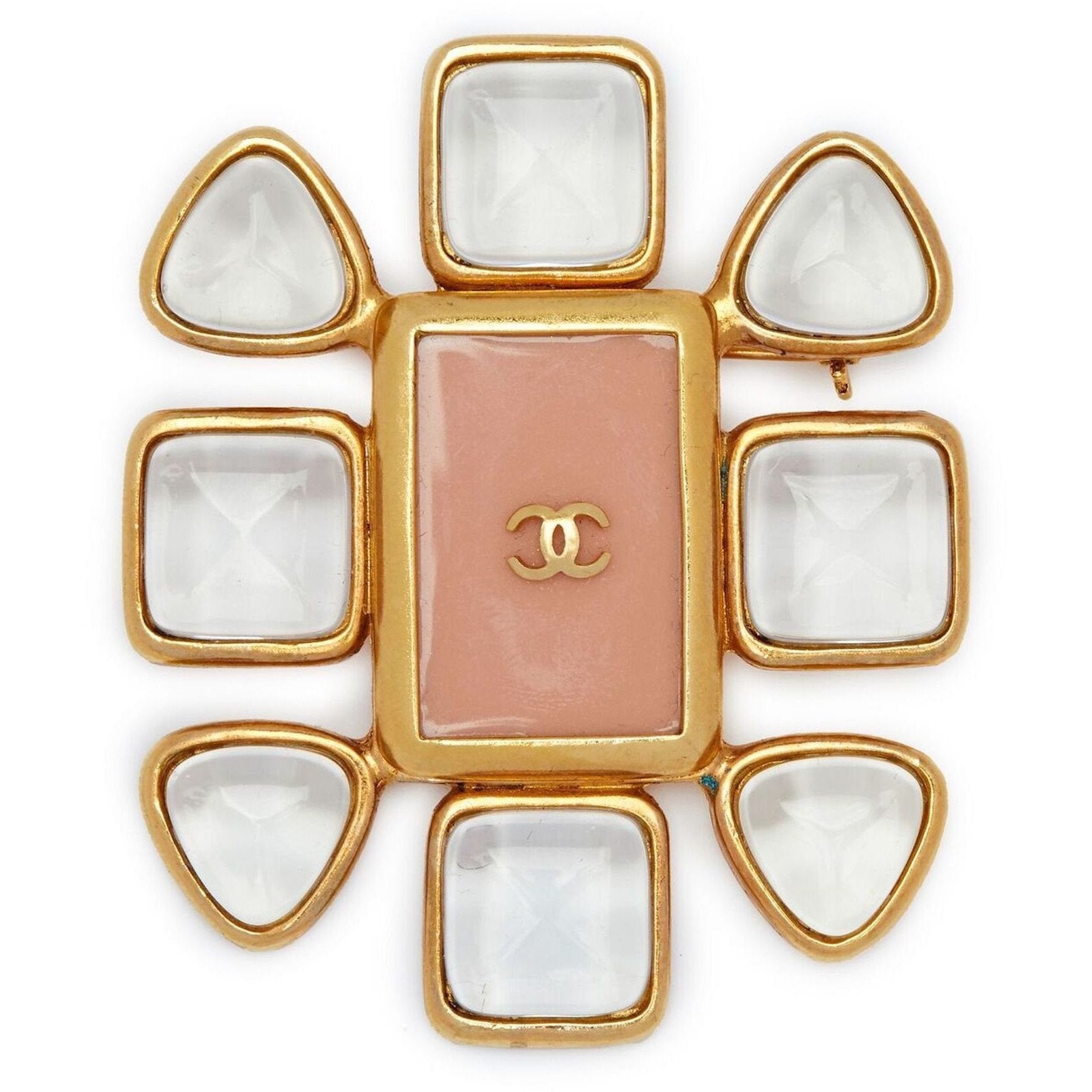 ARCHIVE - Chanel 1990s Gold Plated Gripoix Glass and Rose Enamel CC Brooch