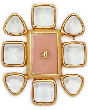 ARCHIVE - Chanel 1990s Gold Plated Gripoix Glass and Rose Enamel CC Brooch