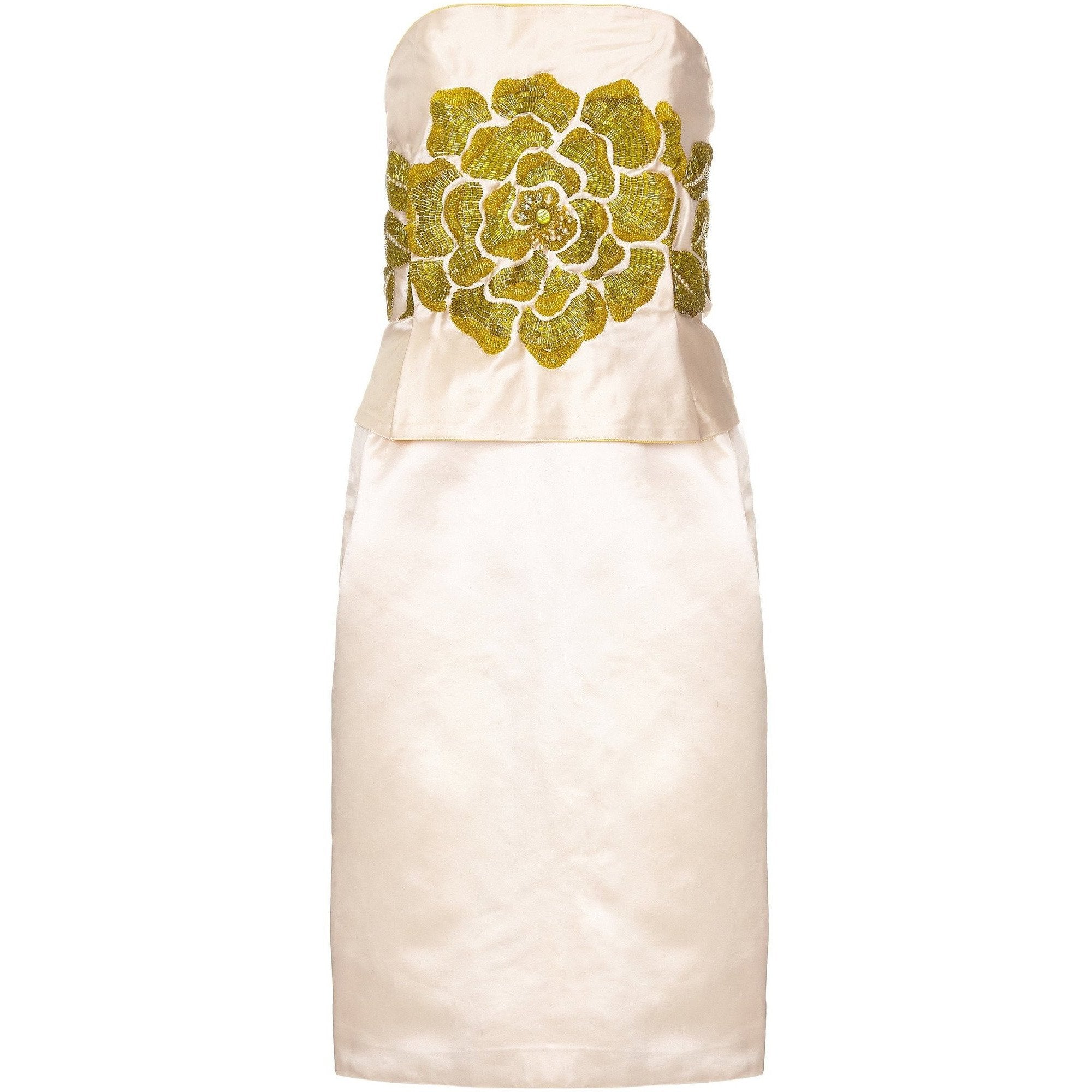 ARCHIVE - Cream Silk & Green Beaded 1960s Strapless Couture Cocktail Dress
