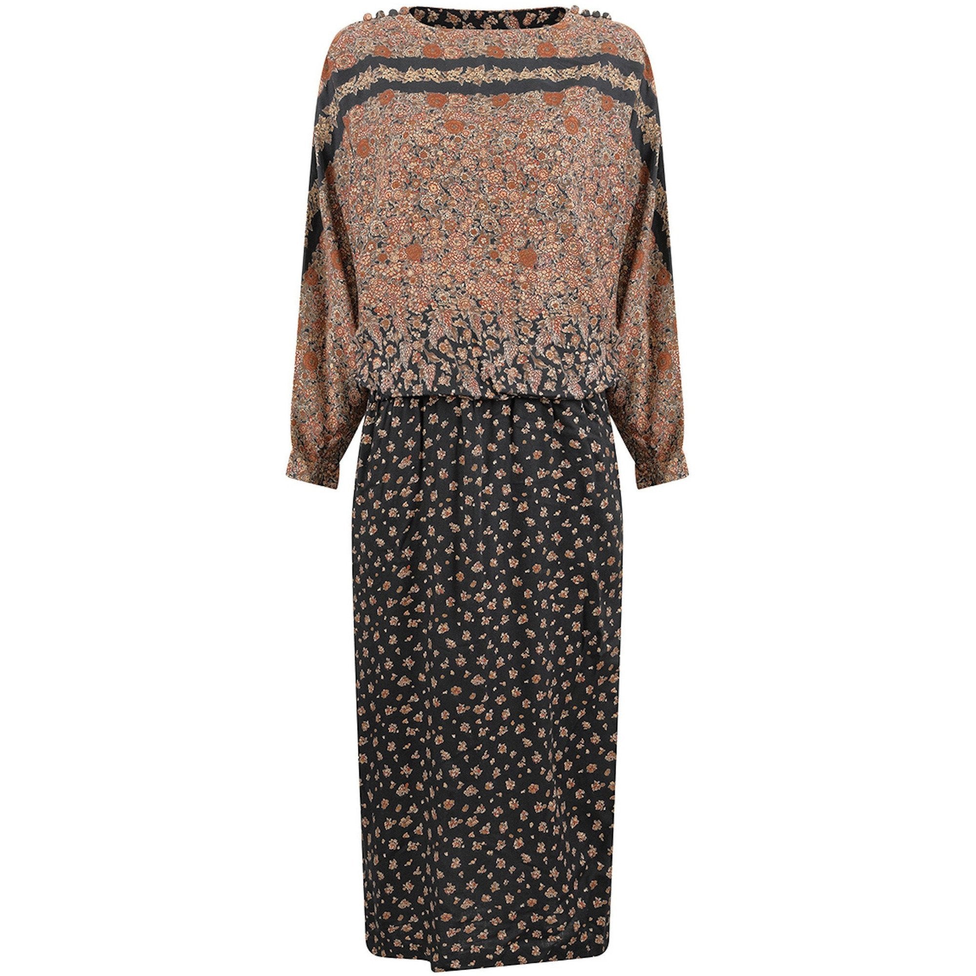 ARCHIVE - Early 1970s Teal Traina Floral Print Maxi Dress With Batwing Sleeve Detail