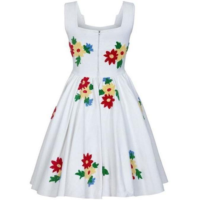 ARCHIVE - French 1950s White Cotton Summer Dress With Embroidered Chenille Flowers
