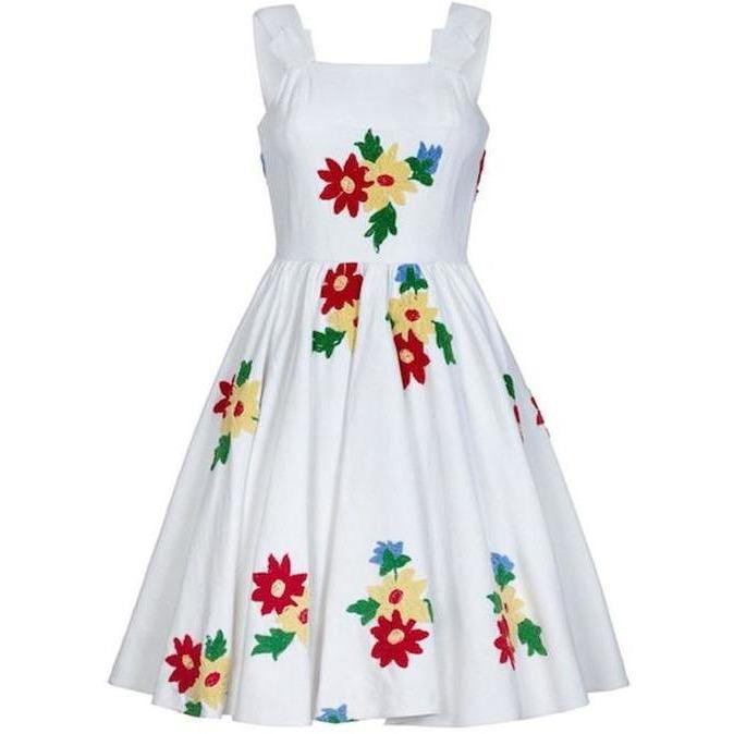 ARCHIVE - French 1950s White Cotton Summer Dress With Embroidered Chenille Flowers