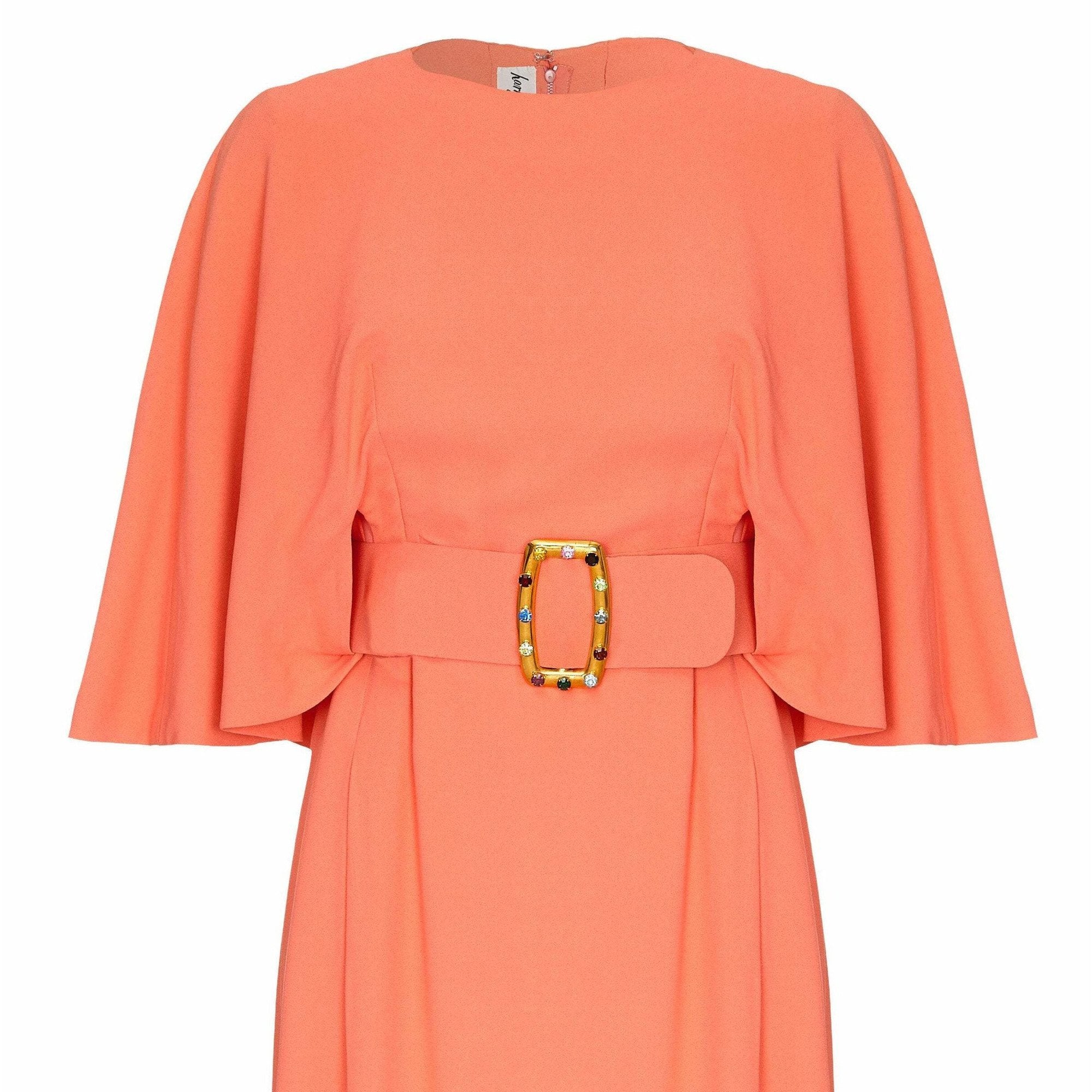 ARCHIVE - Harry B Popper 1960s Peach Maxi Dress with Cape and Jewelled Belt