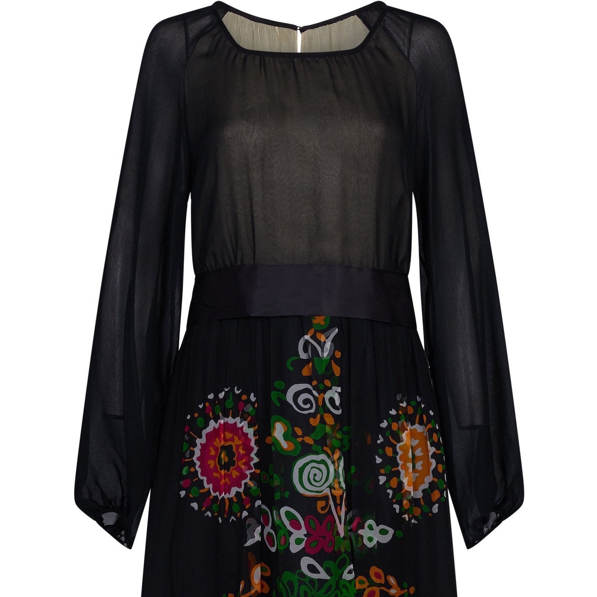 ARCHIVE - Robell 1970s Couture Black Silk Floral Chiffon Dress
