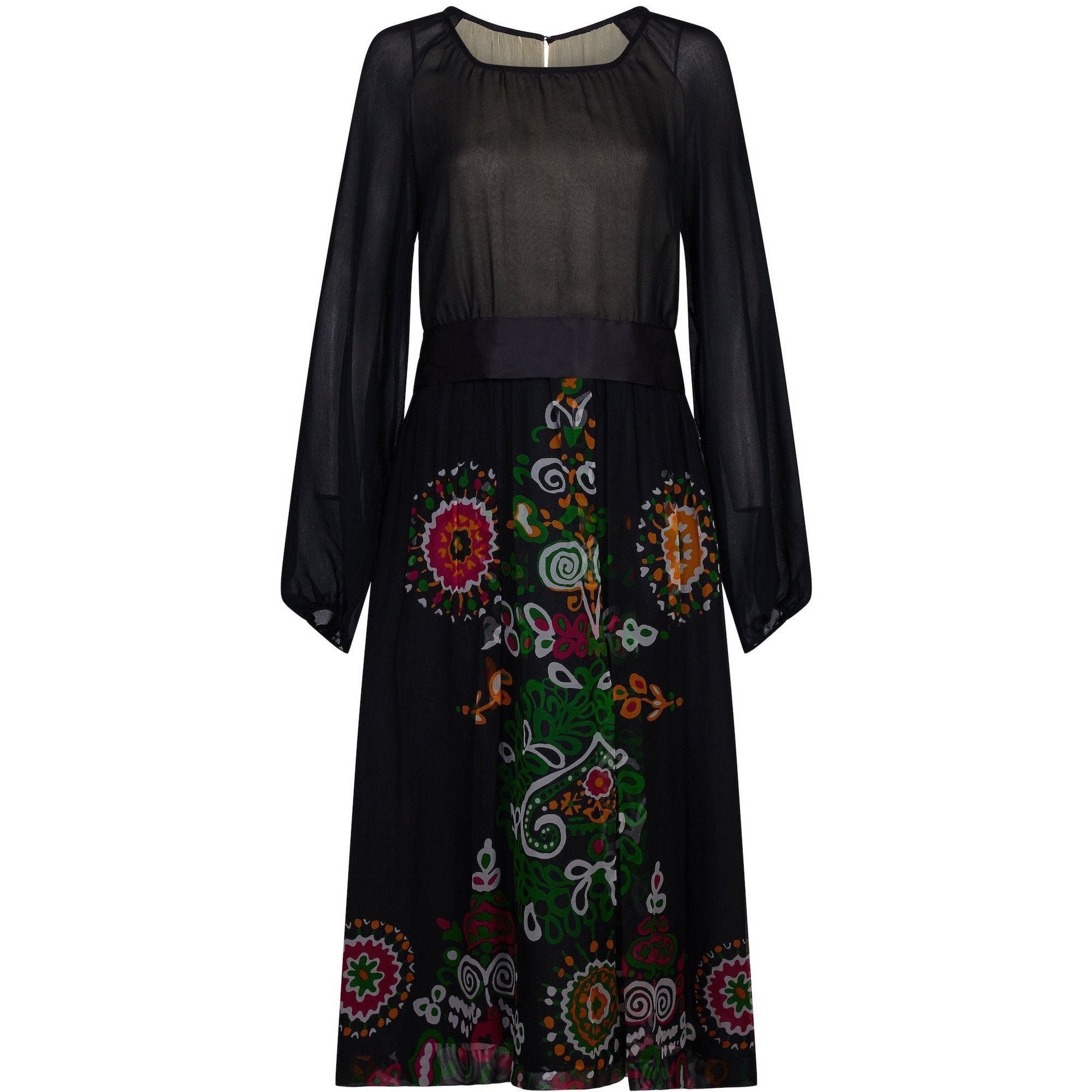 ARCHIVE - Robell 1970s Couture Black Silk Floral Chiffon Dress