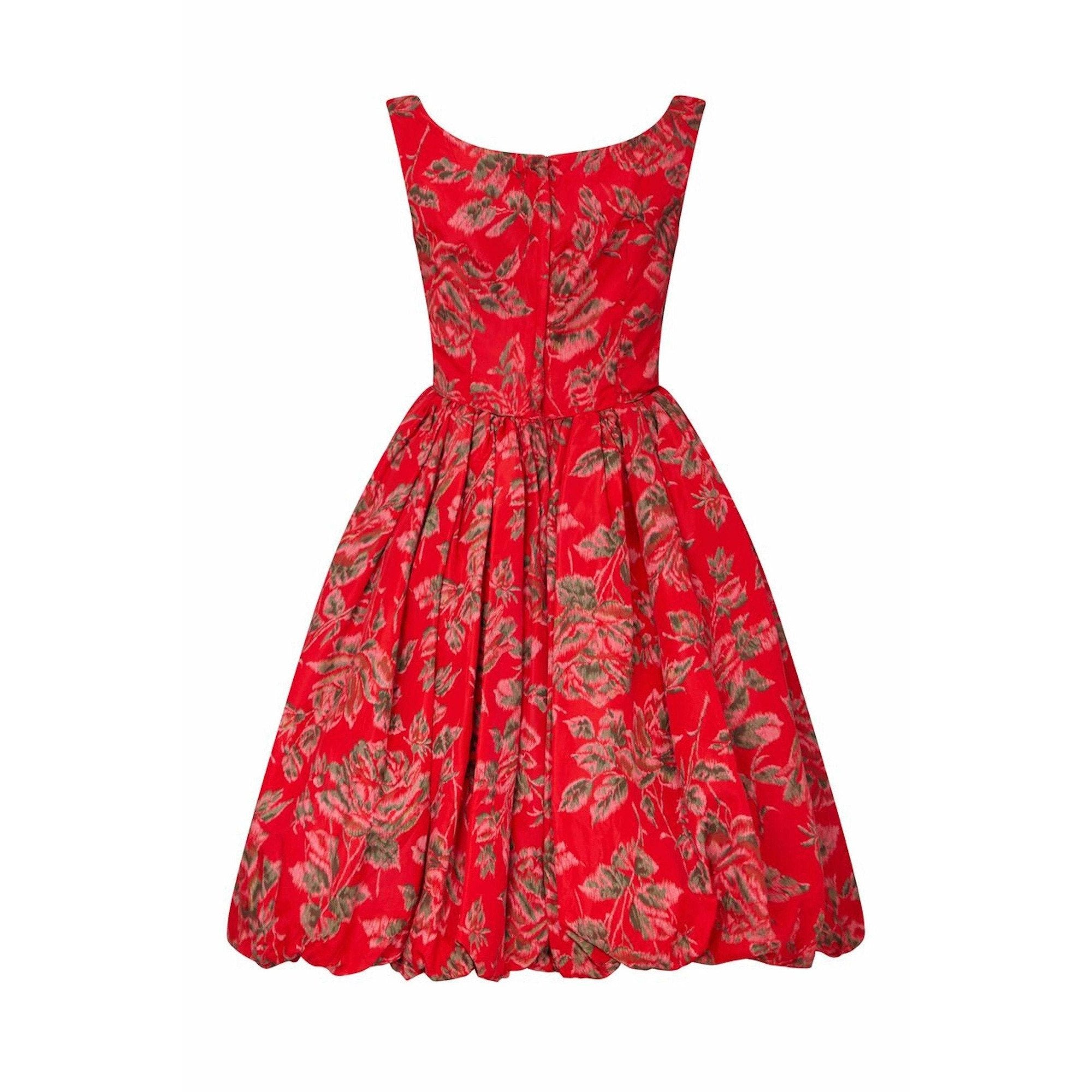 ARCHIVE - Vintage 1950s Red Floral Rose Print Sleeveless Tulip Dress