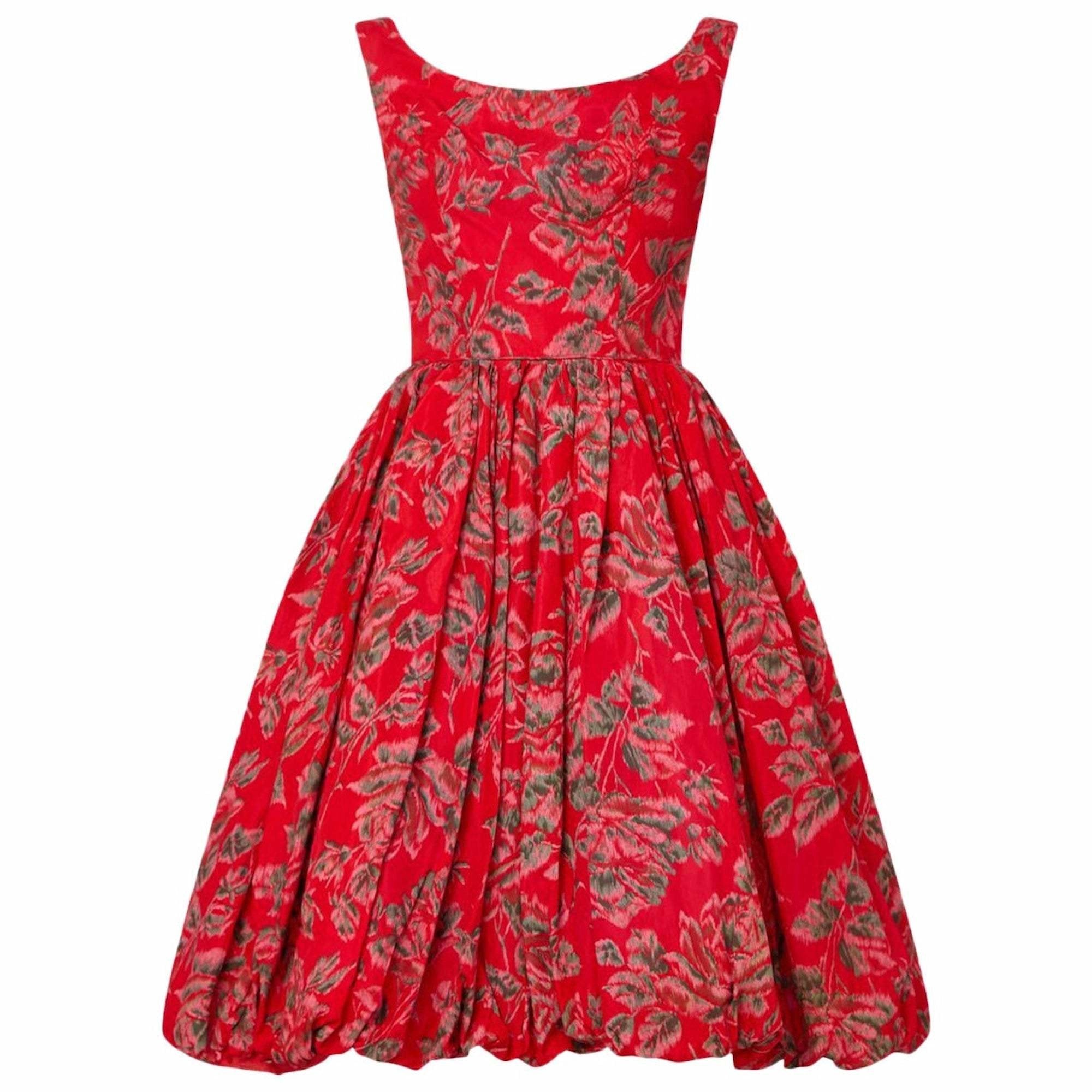 ARCHIVE - Vintage 1950s Red Floral Rose Print Sleeveless Tulip Dress