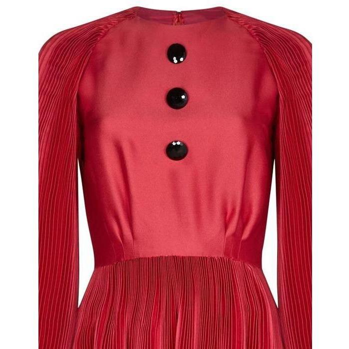 ARCHIVE - Vintage 1960s Couture Red Silk Cotton Occasion Dress With Heavy Pleated Detail