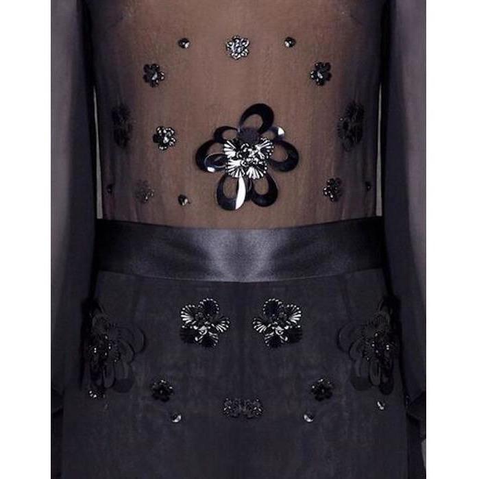 ARCHIVE - Vintage 1970s Black Chiffon Jumpsuit With Oversized Sequin Embellishment
