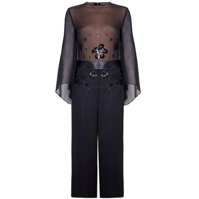 ARCHIVE - Vintage 1970s Black Chiffon Jumpsuit With Oversized Sequin Embellishment