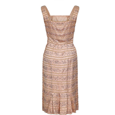 ARCHIVE - Ceil Chapman 1950s Peach Silk Dress With Beading and Velvet Ribbon Applique