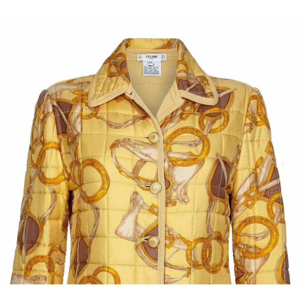 Celine 1980s Yellow Equestrian Print Silk Quilted Jacket