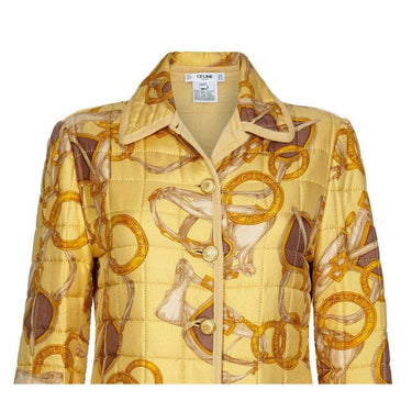 ARCHIVE: Celine 1980s Yellow Equestrian Print Silk Quilted Jacket
