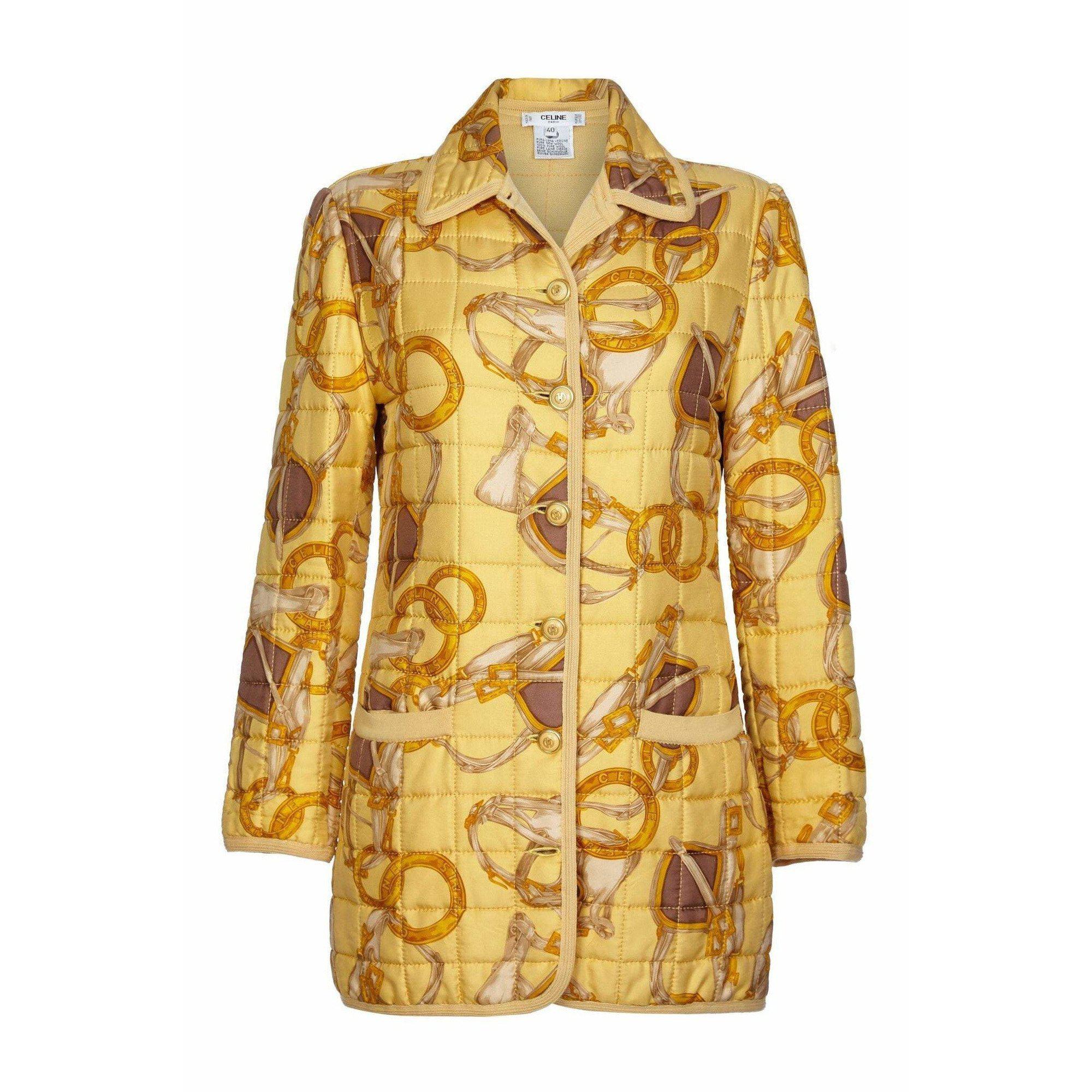 Celine 1980s Yellow Equestrian Print Silk Quilted Jacket