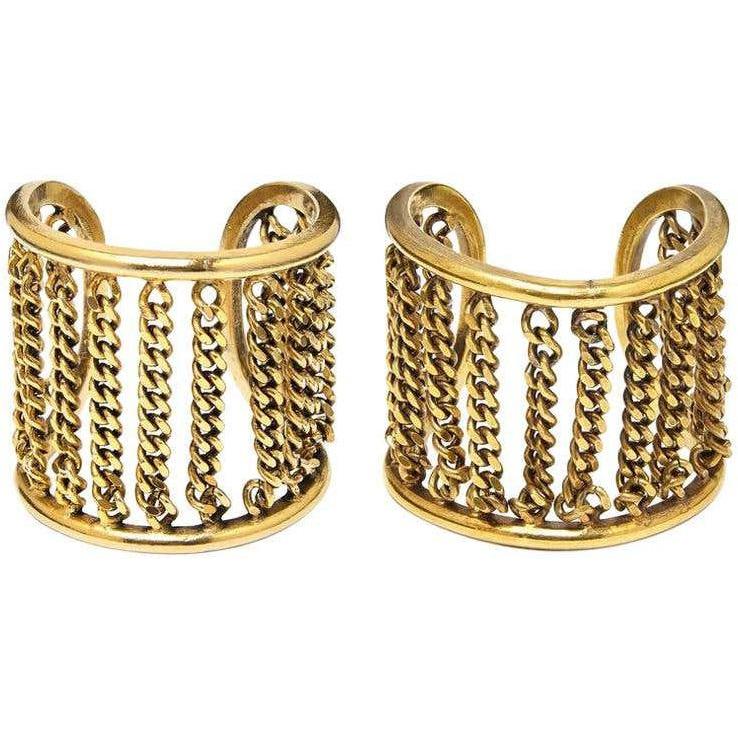 Chanel 1970s Pair of Gold Tone Cuff Bracelets With Chain Link Detail