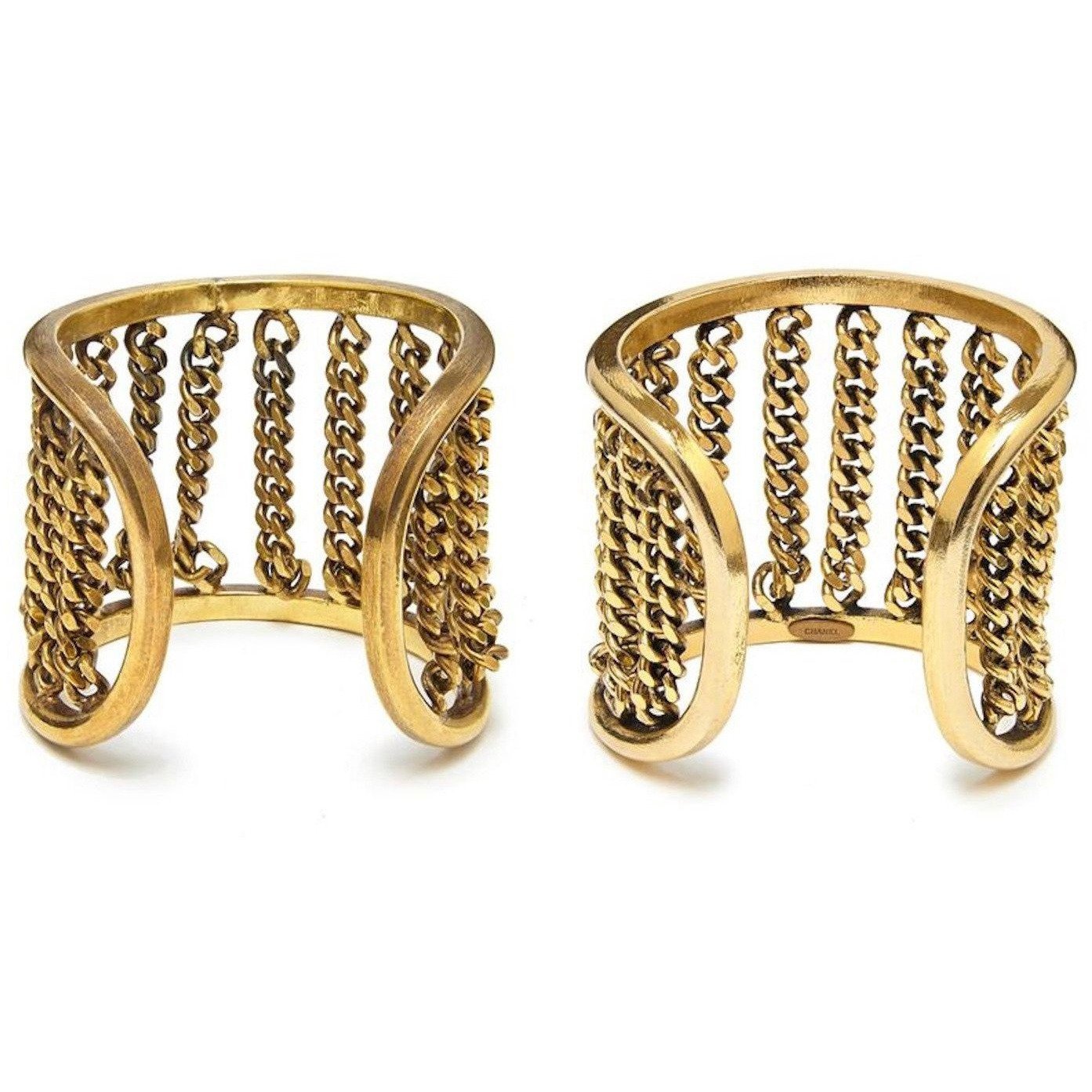 Chanel 1970s Pair of Gold Tone Cuff Bracelets With Chain Link Detail