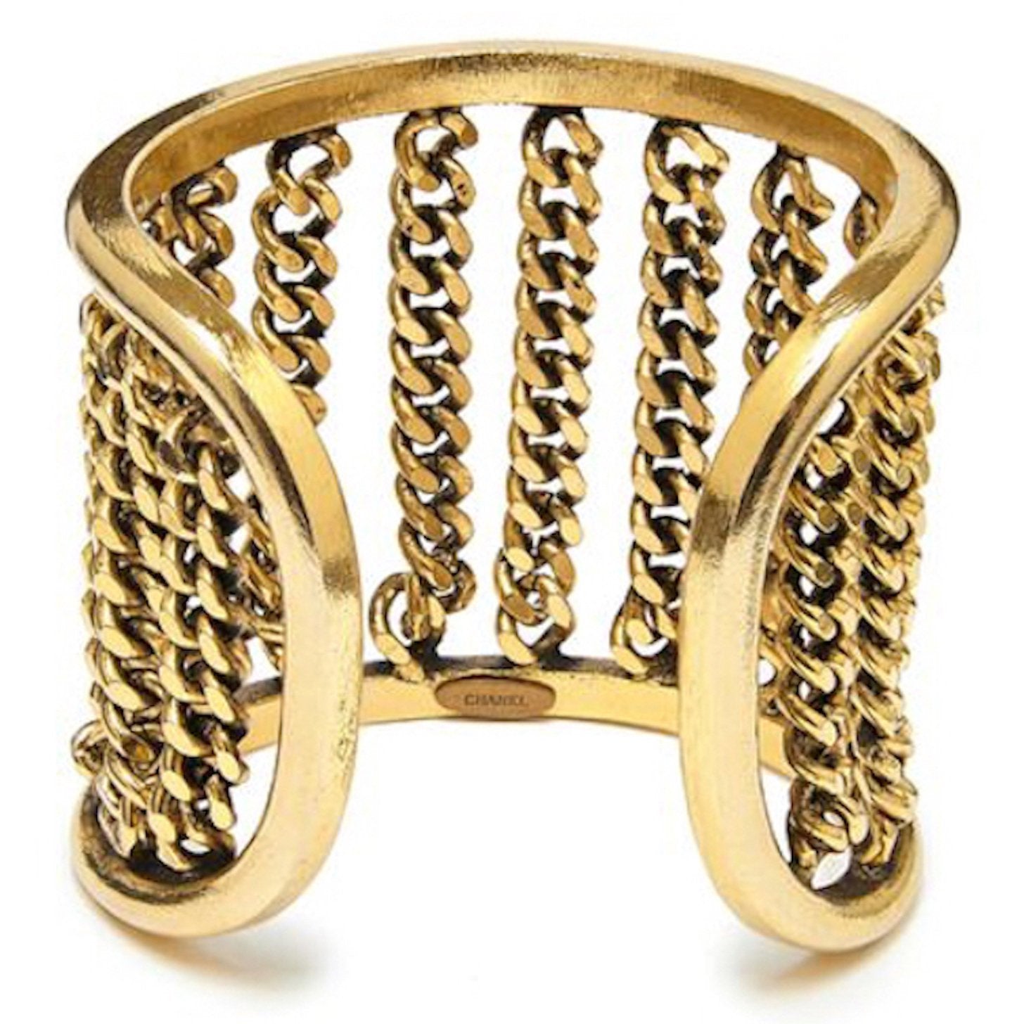 Chanel 1970s Pair of Gold Tone Cuff Bracelets With Chain Link Detail