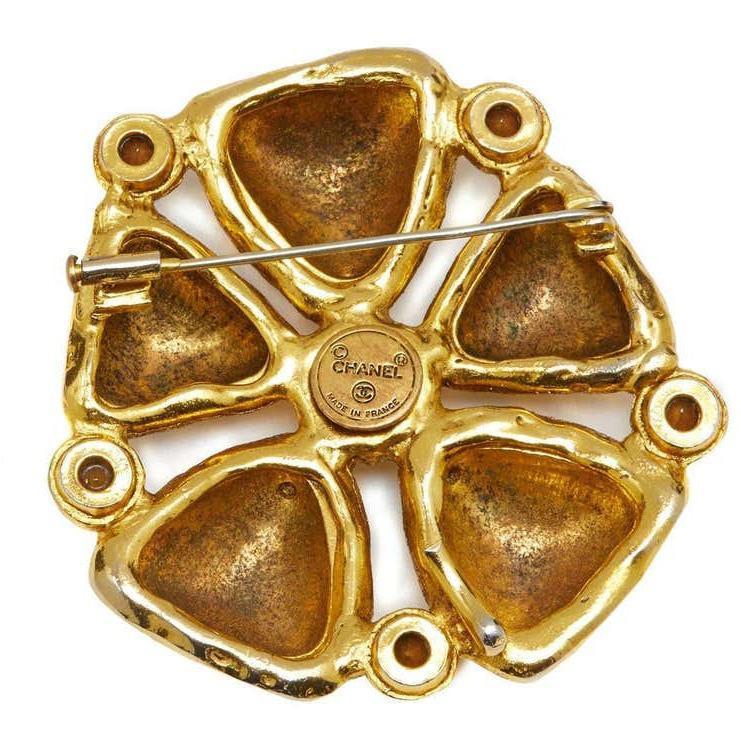 Chanel 1980s Statement Goldtone Flower Brooch With Large Rhinestone