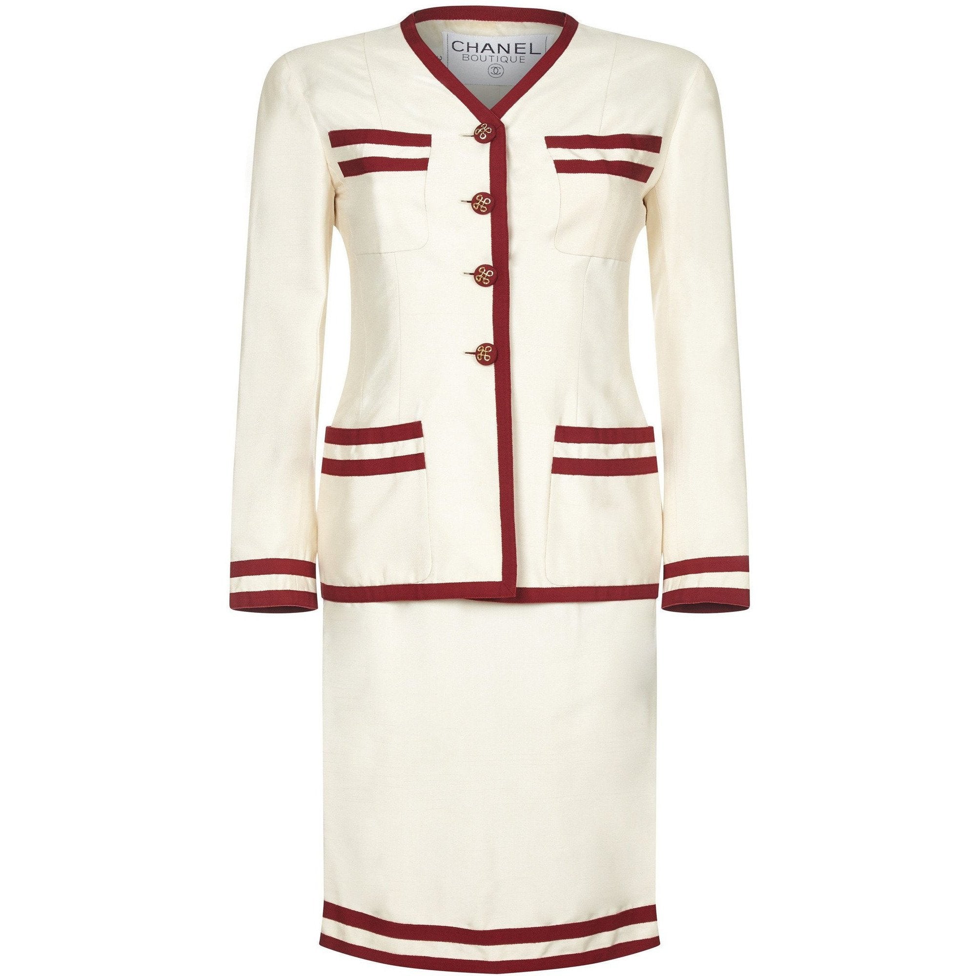 ARCHIVE - Chanel 1990s Cream Silk Suit with Red Trim