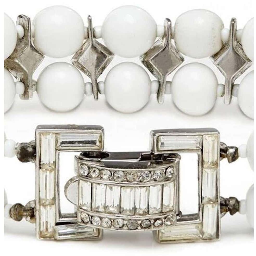 Christian Dior By Kramer 1950s Milk Glass Deco Bracelet With Crystal Rhinestones