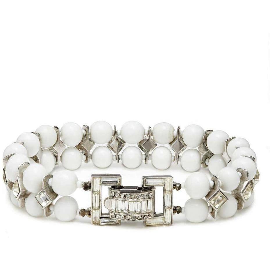 Christian Dior By Kramer 1950s Milk Glass Deco Bracelet With Crystal Rhinestones