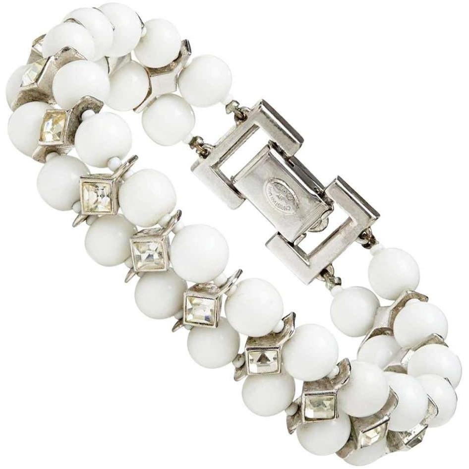 Christian Dior By Kramer 1950s Milk Glass Deco Bracelet With Crystal Rhinestones