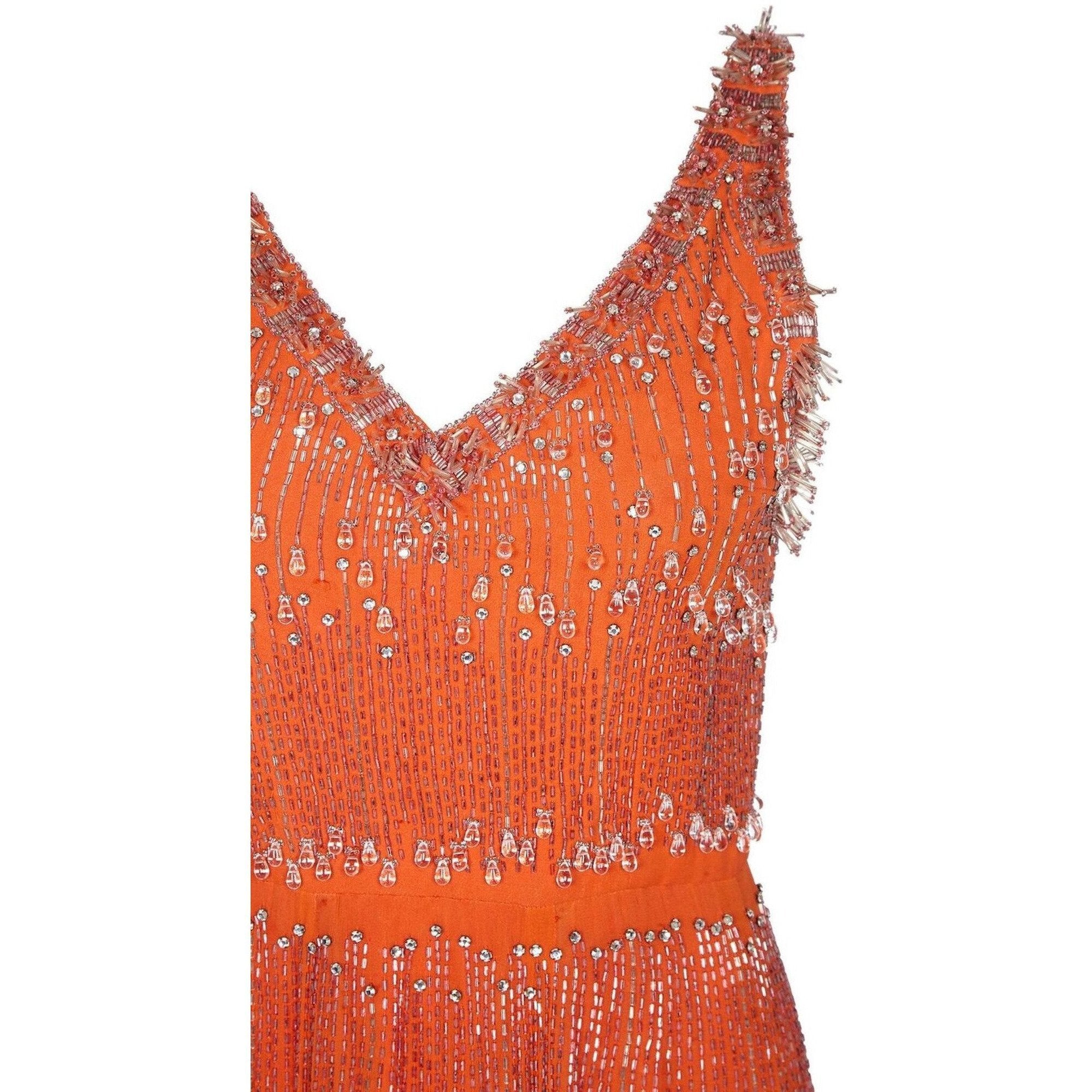 Couture 1960s Burnt Orange Silk Chiffon Gown With Crystal Bead Embellishment