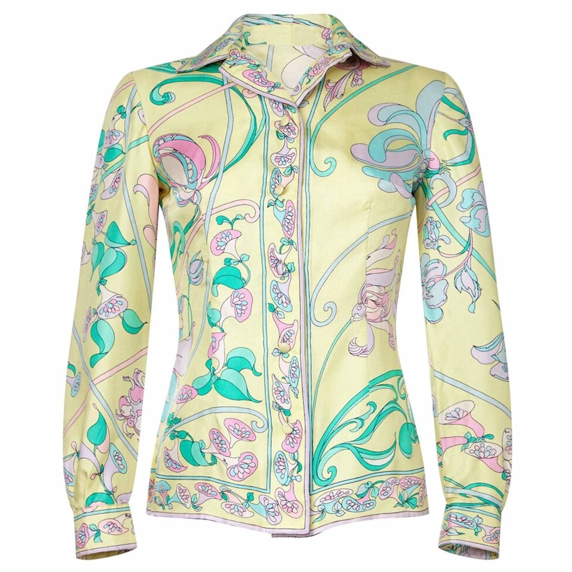 Emilio Pucci 1960s Pale Yellow Silk Blouse With Floral Design