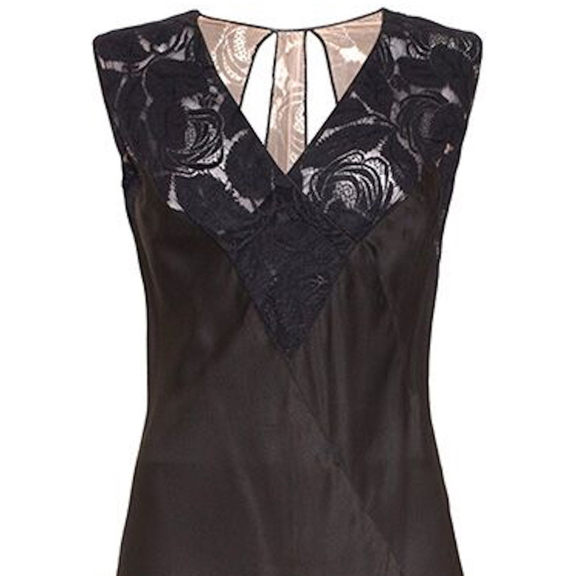 Exceptional 1930s Art Deco Rose Print Black Liquid Satin Evening Gown