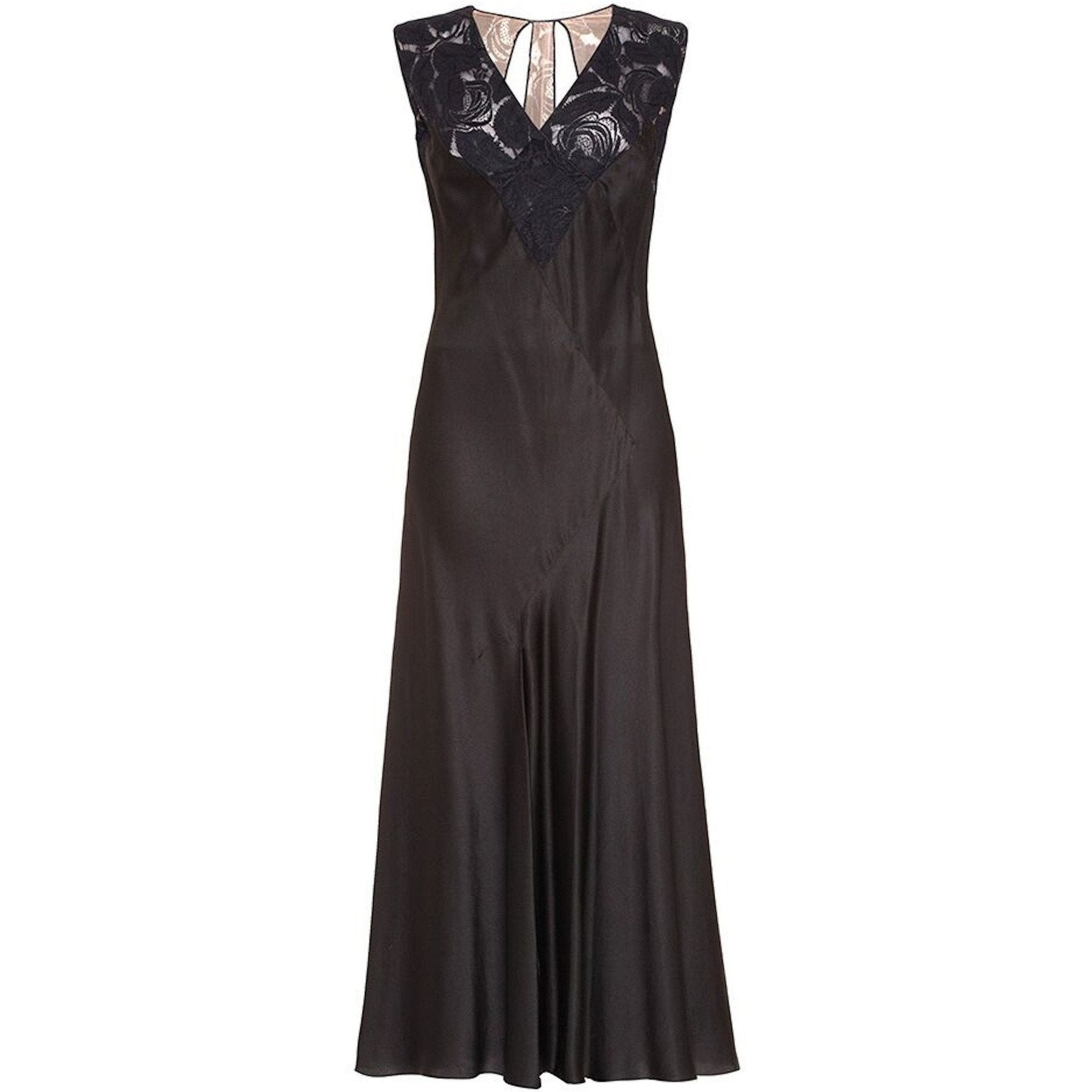 Exceptional 1930s Art Deco Rose Print Black Liquid Satin Evening Gown