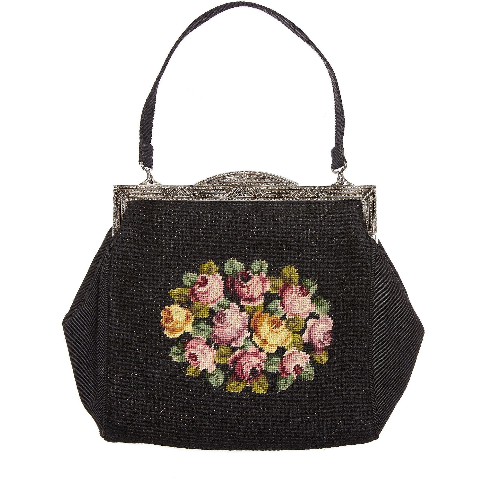 Exceptional Hallmarked 1937 Sterling Silver & Marcasite Tapestry Needlework Bag