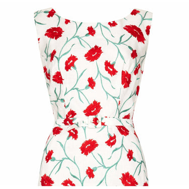 ARCHIVE - Francise Of Nassau 1960s White Linen Dress With Red Carnation Flower Embroidery