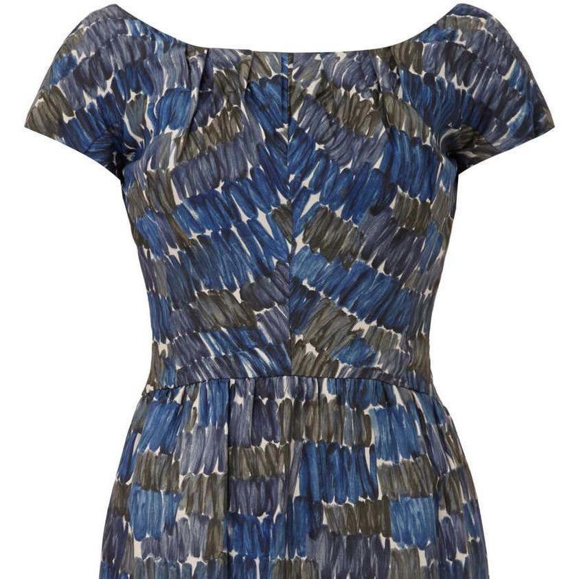 Frank Usher 1950s Printed Abstract Blue Silk Dress