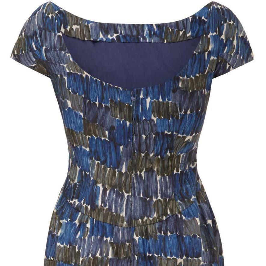 Frank Usher 1950s Printed Abstract Blue Silk Dress
