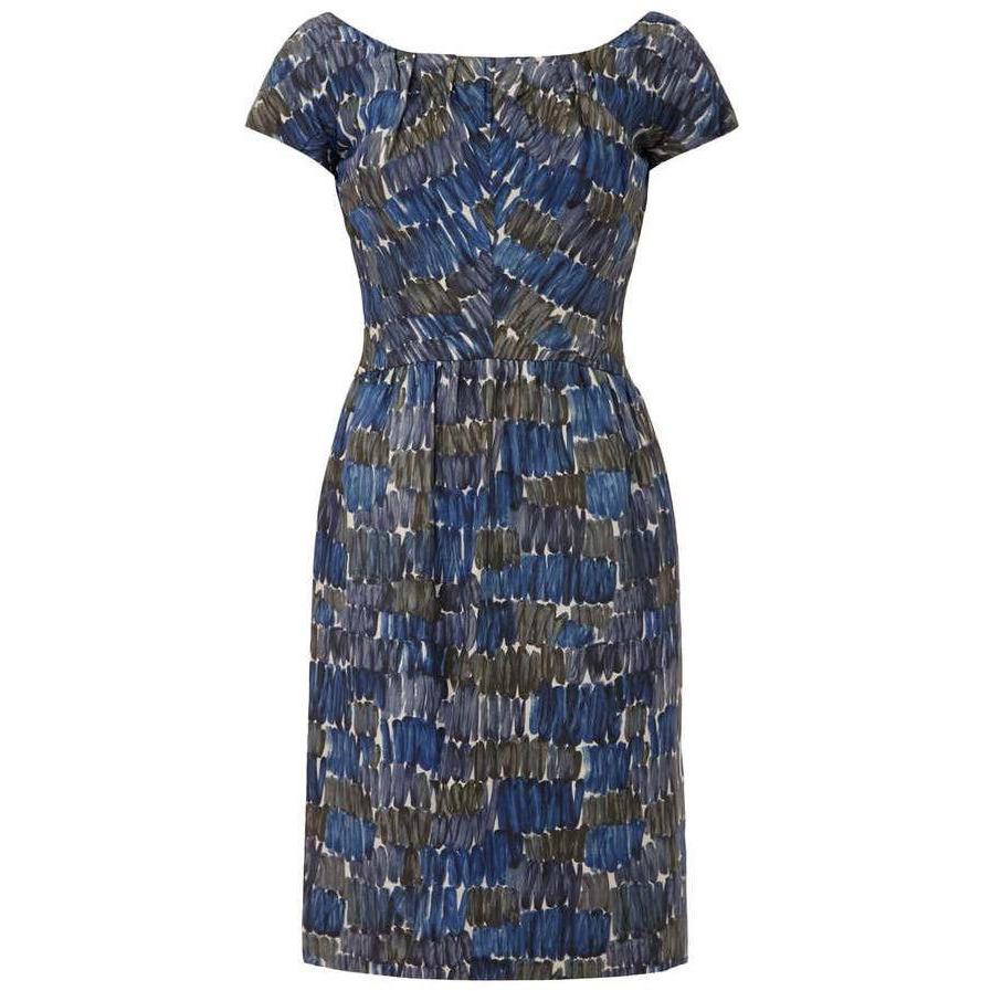 Frank Usher 1950s Printed Abstract Blue Silk Dress