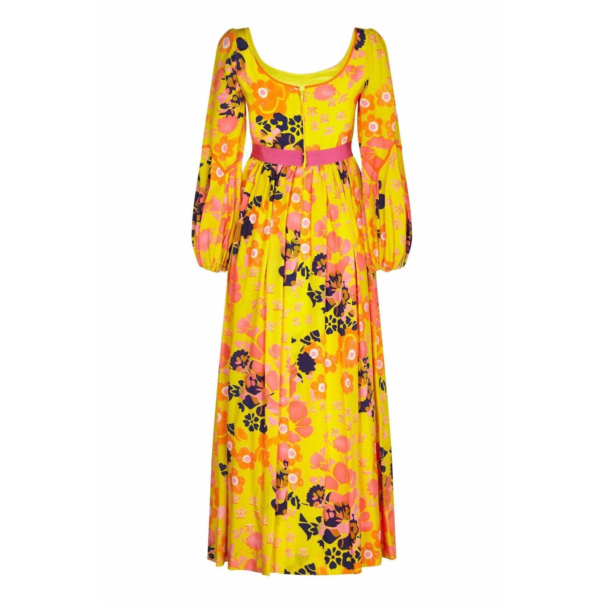 Frank Usher 1960s Psychedelic Yellow Silk Floral Printed Dress With Pink Ribbon