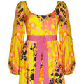 Frank Usher 1960s Psychedelic Yellow Silk Floral Printed Dress With Pink Ribbon