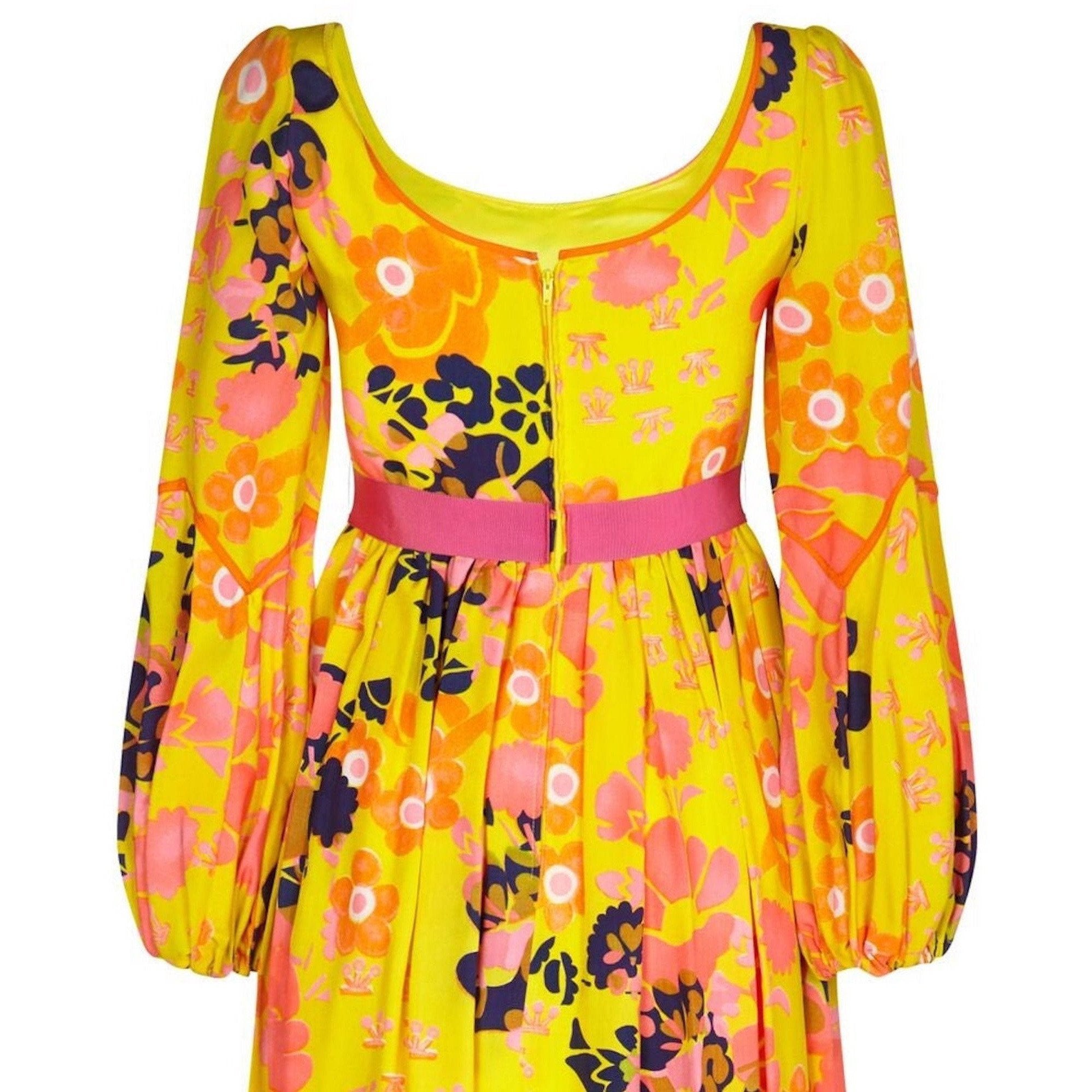 Frank Usher 1960s Psychedelic Yellow Silk Floral Printed Dress With Pink Ribbon