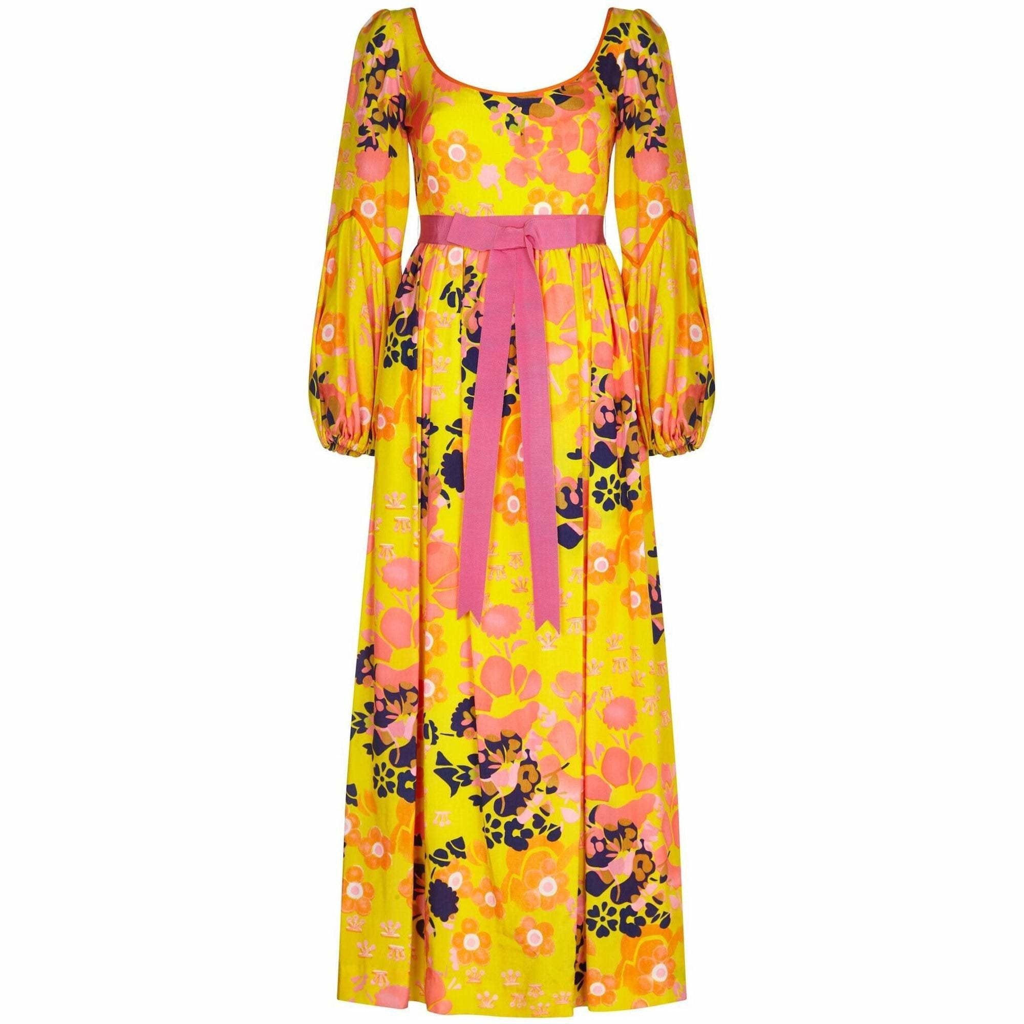 Frank Usher 1960s Psychedelic Yellow Silk Floral Printed Dress With Pink Ribbon