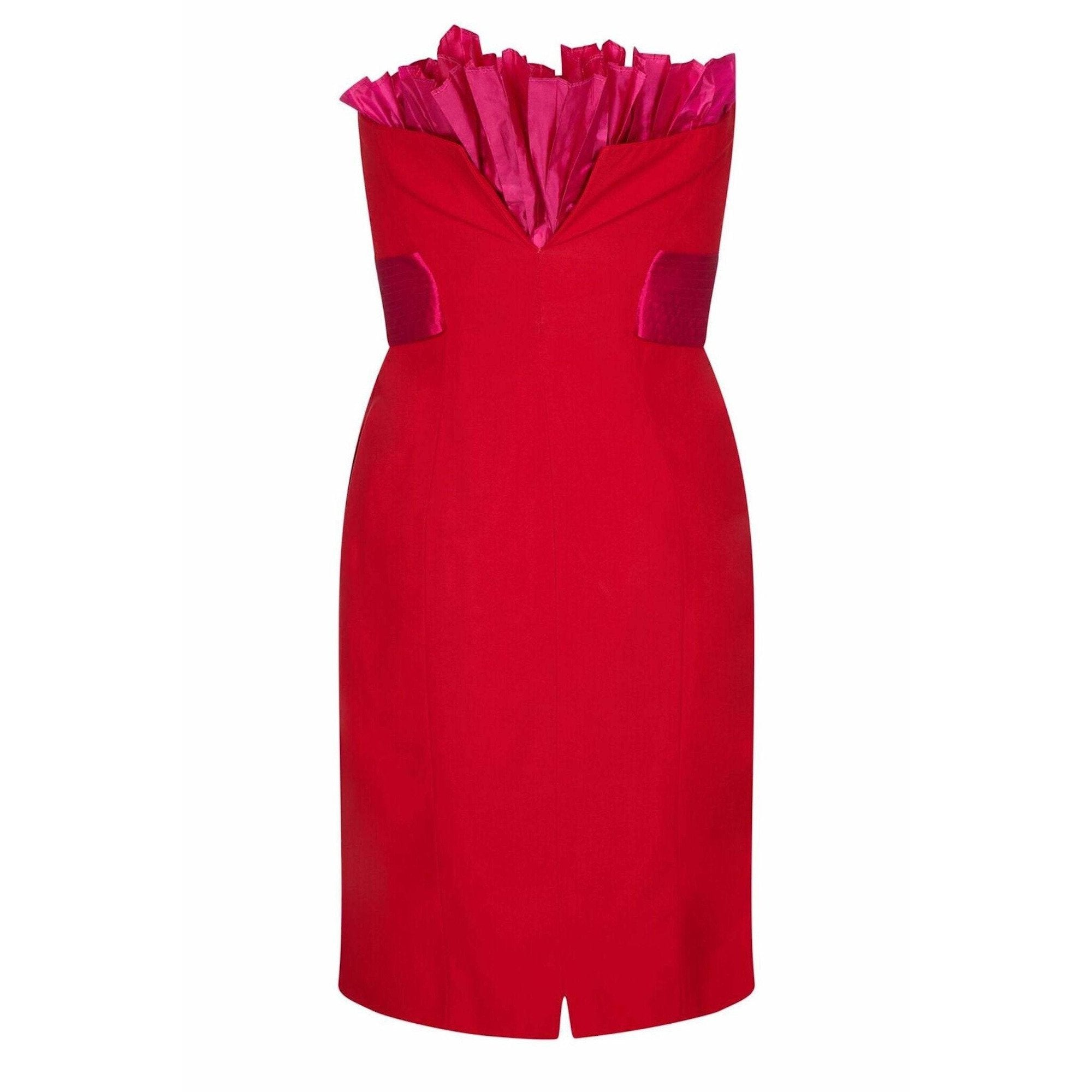 Gianfranco Ferre 1980s red Cocktail Dress With Shocking Pink Fan Detail
