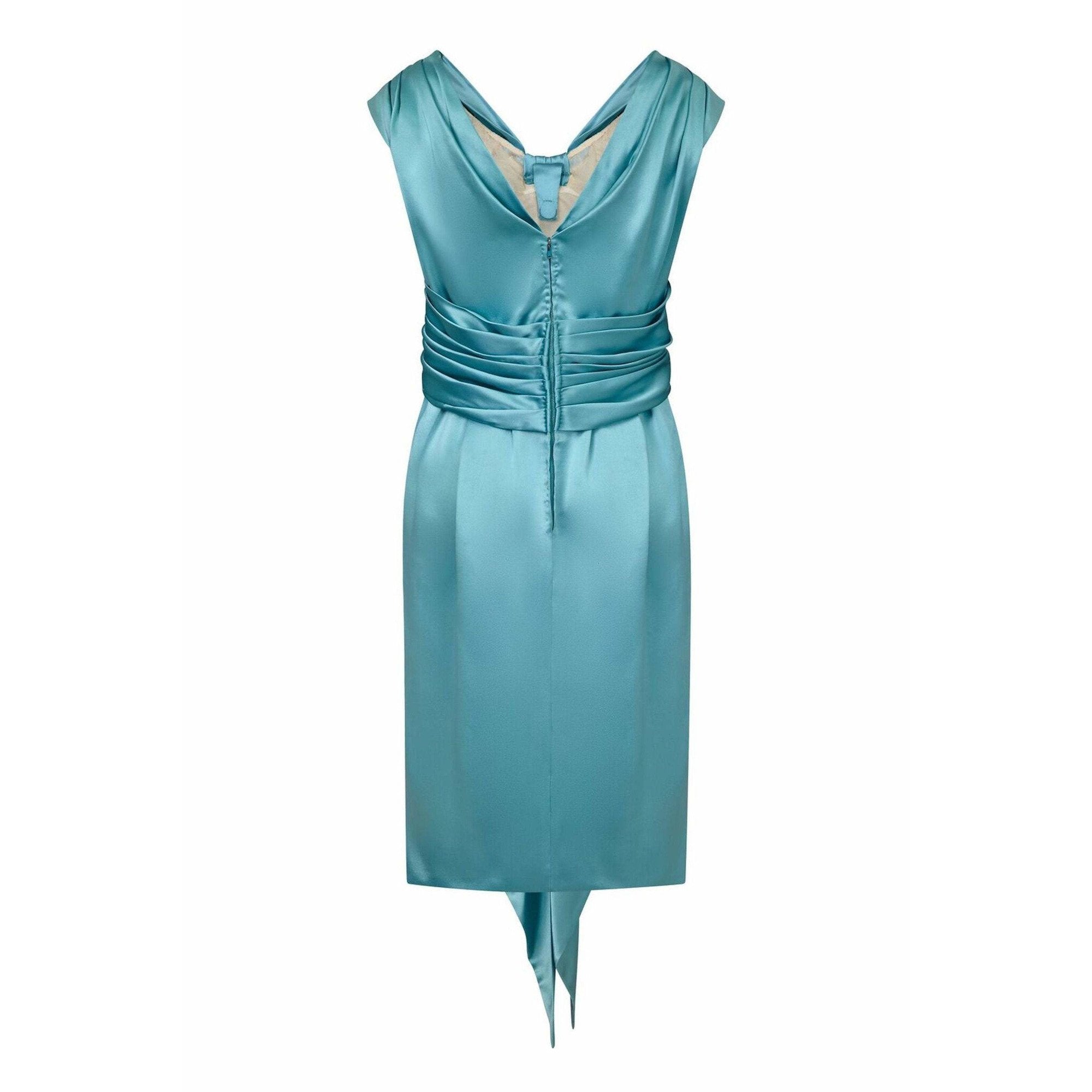 Hardy Amies Couture 1950s Silk Satin Aquamarine Occasion Dress