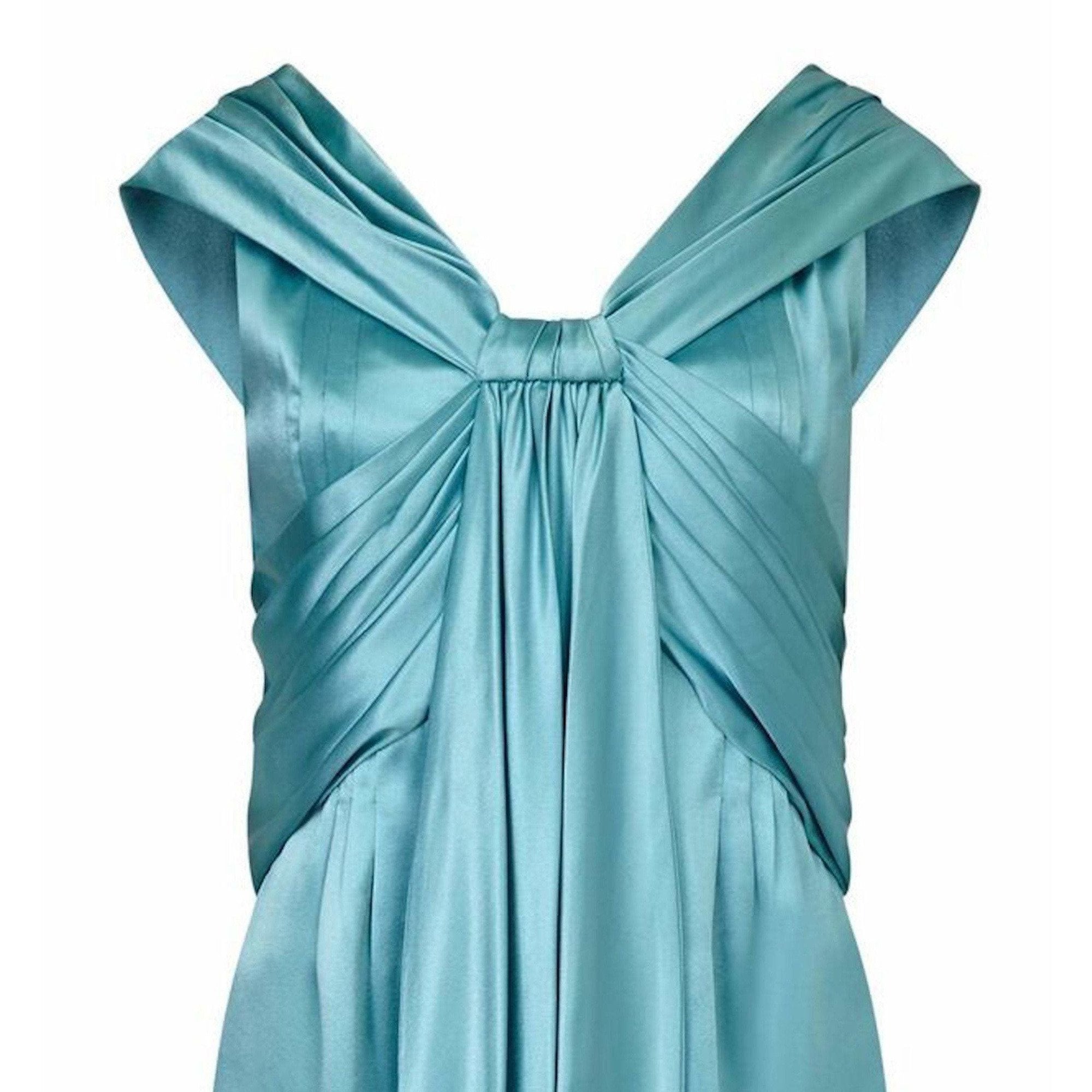 Hardy Amies Couture 1950s Silk Satin Aquamarine Occasion Dress