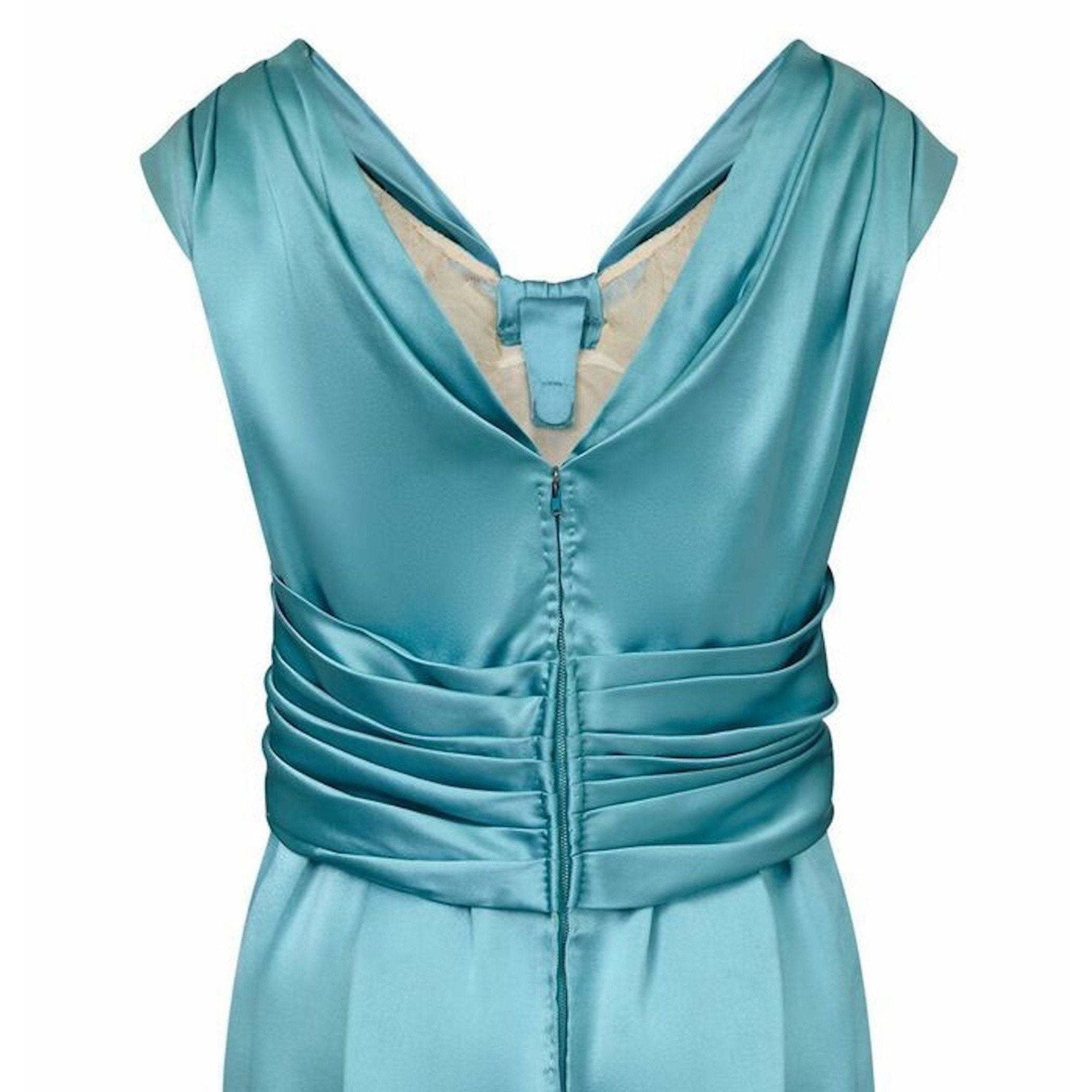 Hardy Amies Couture 1950s Silk Satin Aquamarine Occasion Dress